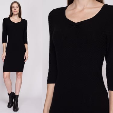 Small 90s Black Knit Bodycon Mini Dress | Vintage 3/4 Sleeve Fitted Sweater Dress 