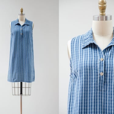 sleeveless jean dress | 90s y2k vintage blue white plaid chambray button down short denim dress 