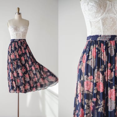 cute cottagecore skirt | 90s y2k vintage navy blue pink chiffon sheer broomstick pleated flowy midi skirt 
