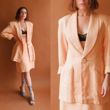 Vintage 80s Peach Linen Suit/ 1980s Shawl Collar Blazer and Skirt Set/ Pastel Orange Suit/ Size Medium 