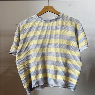 Med Large, Vintage 1950s Striped Knit Short Sleeve Shirt, Yellow Grey 