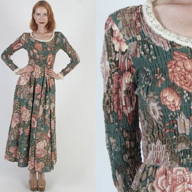 Denise Are Here Smocked Pockets Dress Vintage 70s Boho Wedding Gown High Waist Long Summer Sundress Rose Floral Print 