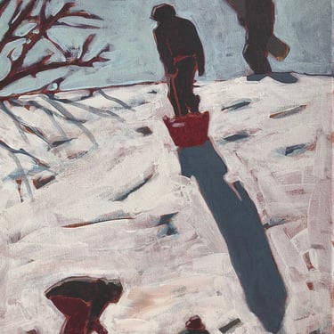Sledding Hill #6  |  Original Acrylic Painting on Canvas 12 x 16, small, gallery wall, winter, michael van, snow, sled, ski, family 