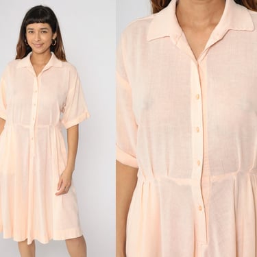 80s Peach Shirt Dress Midi Shirtwaist Semi-Sheer Short Sleeve Shirtdress Button Up High Waisted 1980s Vintage Plain Pocket Dress Large L 