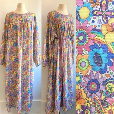 Vintage 70s Wild RAINBOW FLOWER PAISLEY Print Kaftan Dress Cover-Up 