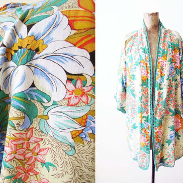 70s Tropical Kimono Robe Jacket O S - 1970s Hawaiian Tiki Light Weight Cardigan Jacket - Tiger Lilly Jungle Print Kimono Cardigan 