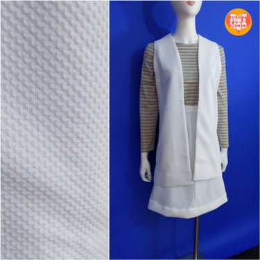 Super Cute Vintage 60s 70s White Textured Set - Long Vest & A-Line Skirt 