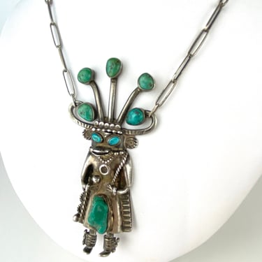 Vintage Huge Zuni Artisan Old Pawn Turquoise & Sterling Silver Kachina Necklace 51g Signed Figural 