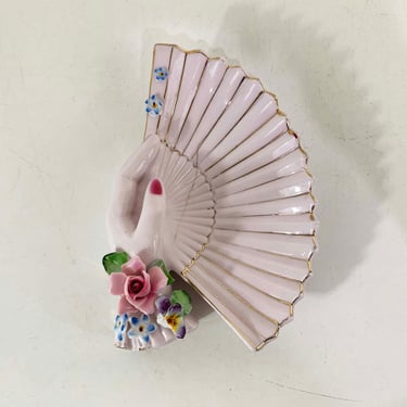 Vintage Hand Fan Ashtray Vanity Dish Jewelry Ring Holder Trinket Bowl Pink White Green Gold Painted Flowers Japan Mid-Century 1950s 