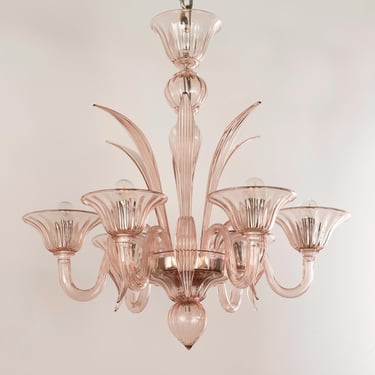 Ready in stock! Handmade Murano glass chandelier cipria pink color with artistic decorations, 6 lights, handmade Made in Italy 