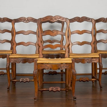 Antique Country French Louis XV Provincial Oak Rush Dining Chairs- Set of 6 