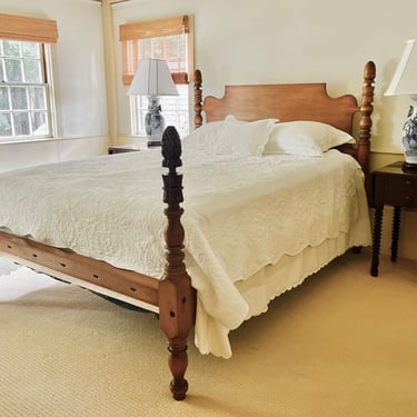 Acorn Top High-Low Style Bed in Maple, Original Carved Footposts ~ Circa 1830, Resized to Queen