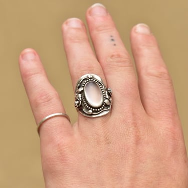 Doris Cliff Handcrafted Sterling Silver Moonstone Ring, Floral Embellished Moonstone Shield Ring, Vintage Bohemian Jewelry, 7 1/4 US 