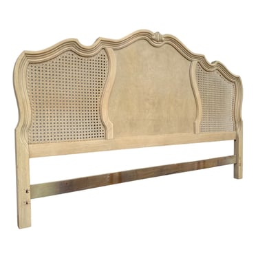 French Provincial King Headboard by Thomasville with Cane and Light Oak Burl Wood - Vintage Bedroom Furniture 