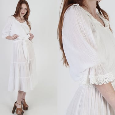 Off White Crochet Dress / Ivory Gauze Midi Dress / Vintage 70s Sheer Floral Lace / Soft Crinkle Cotton Simple Tiered Mini Dress 