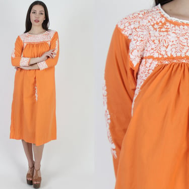 Pumpkin Orange San Antonio Midi Dress, Vintage Cotton Mexican Oaxacan Long Sleeve Dress 