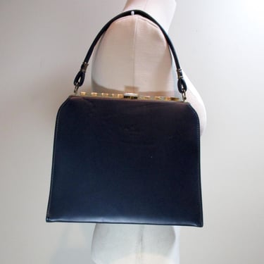 1960s Blue Leatherette Handbag Mid Century Gold Framed Purse Navy Blue Vinyl Top Handle Bag Vintage Purse Vegan Leather Bag Vintage Handbag 