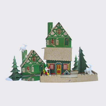 Rare Mica Glitter Putz House with Tree, 1940s Large Cardboard Village Home made in US 