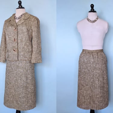 Vintage 60s Texture Linen Skirt Suit, 1960s Two Piece Skirt and Jacket Set 