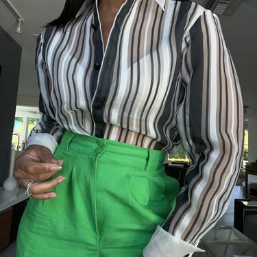vintage French cuff sheer stripe organza button down blouse 