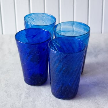 Vintage Blue Handblown Glasses x4