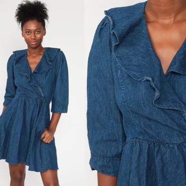 Denim Puff Sleeve Dress 70s Mini Blue Chambray V Neck Ruffle Prairie Jean Bohemian High Waisted Minidress Retro Boho Hippie Extra Small xs s 