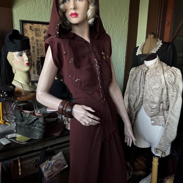 Vintage Rare 1940s Hooded Rayon Crepe Dress w/ Sequins & Hood - XS/S Petite 