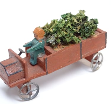 Antique German Erzgebirge Truck and Driver with Christmas Tree, Vintage Toy Delivery Vehicle Made in Germany 