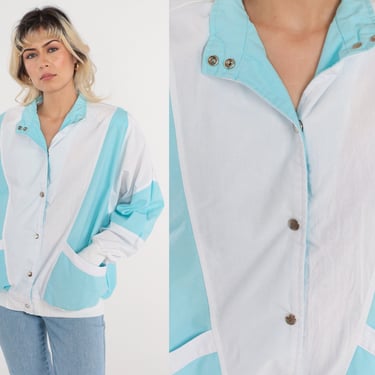 90s Windbreaker White Blue Color Block Snap Up Jacket Retro Bomber Basic Sporty Pockets Casual Turquoise Colorblock Vintage 1990s Large L 