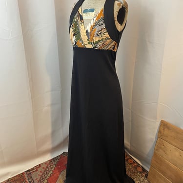 Maxi Dress Black Orange Peacock Feather Boho Gown 1970s Vintage Halter Watercolor  S M 