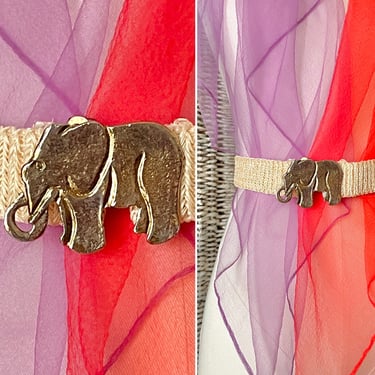 Raffia Statement Belt, Elephant Design Buckle, Stretch Adjustable Fit, Vintage 80s 90s 