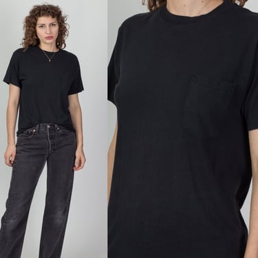 80s Plain Black Pocket Tee - Men's Medium, Women's Large | Vintage Crew Neck Pocket T-Shirt 
