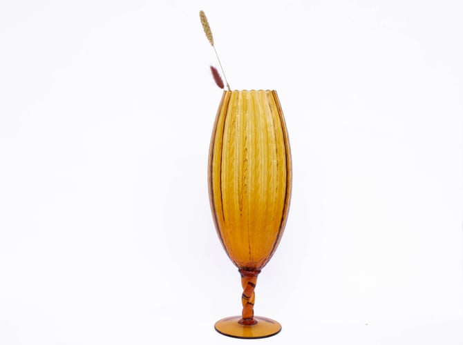 Vintage MCM Empoli Amber Vase, Mid Century Modern Decor, Large Glass Flower Vase with Twisted Stem 
