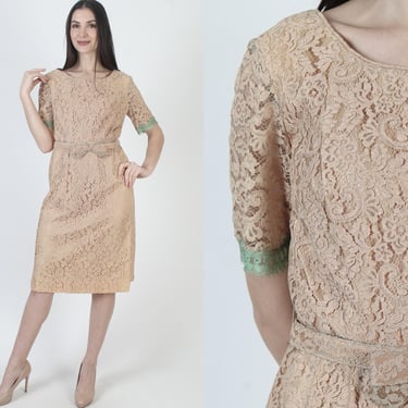 50s Cream Lace Dress, Belted Pin Up Gown, Skinny Pencil Skirt, Comes With Belt, Deco Tea Length 