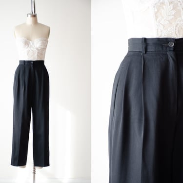 high waisted pants | 90s vintage Liz Claiborne black wool gabardine dark academia pleated straight leg ankle trousers 