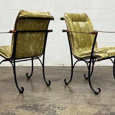 Lee Woodard Mid-Century Occasional Chair Green Velvet / Black Frame W/Leather Arm - A Pair 