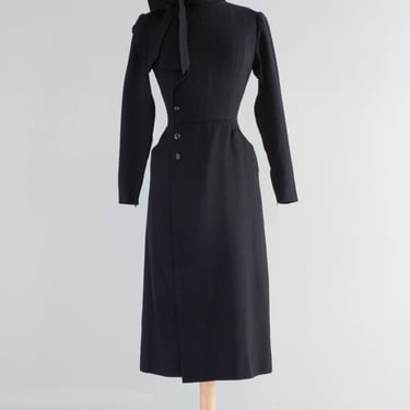 Chic 1970's Nina Ricci Jet Black Wool Crepe 1940's Style Dress / Small