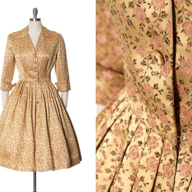 Vintage 1950s Shirt Dress | 50s Rose Floral Satin Jacquard Gold Fit and Flare Cocktail Party Swing Shirtwaist Brocade Day Dress (medium) 