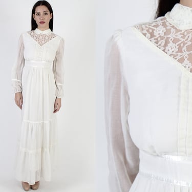 Vintage 70s Country Cottage Dress, 1970's Formal Prairie Wedding Gown, Lace Roll Collar, Long Full Tiered Bridal Maxi 