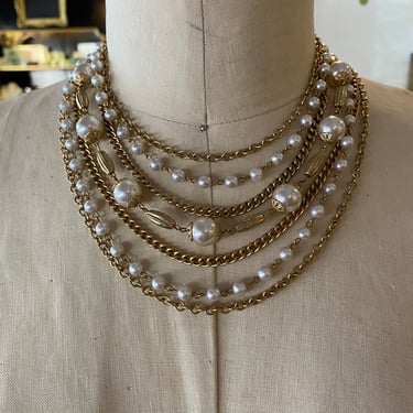 1950s necklace, gold and pearls, vintage jewelry, multi strand, mid century, bib necklace, adjustable, classic, 50s choker, mrs maisel, 60s 