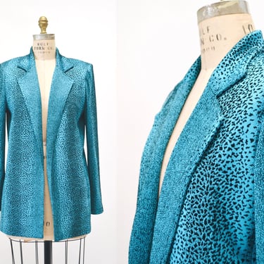 90s Vintage Blue Jacket Animal Print Blazer Blue Black Criscione Small Medium// 90s Vintage Leopard Print Jacket Nanny Jacket Knit Blazer 