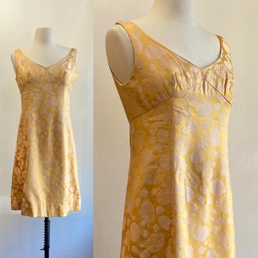 Vintage 60s Dress / MOD Mini + Empire Waist / Gold SILK BROCADE Leaf Pattern / Mid-Century 