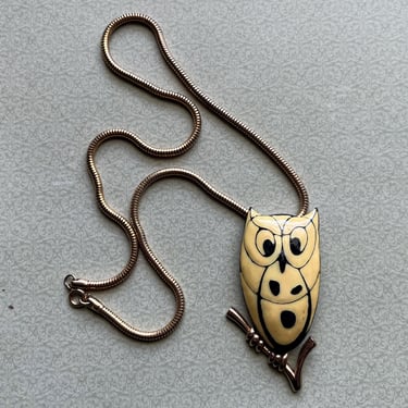 Eisenberg owl necklace vintage cream and black enamel pendant and chain 