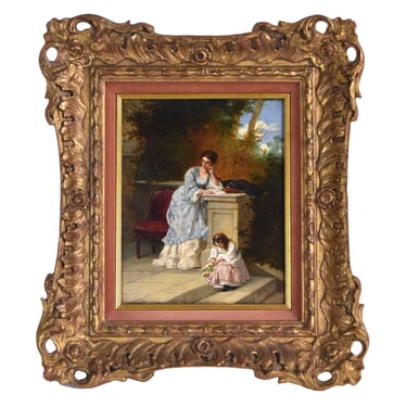 Giacomo Casa 19th C Italian Genre Oil Painting Mother Reading while Daughter Plays 