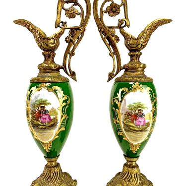 Antique Urns, French, Porcelain and Bronze, Green, Gold, Pair, Courting Scene!