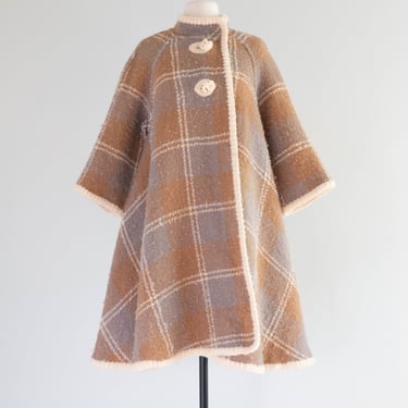 Fabulous 1960's Wool Boucle Reversible Plaid Trapeze Coat / M