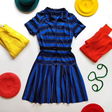 Adorable Vintage 60s 70s Blue Psychedelic Stripe Drop Waist Mod Dress 