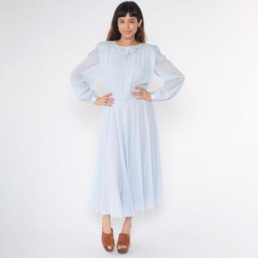 Vintage 80s Light Blue Chiffon Dress Lace Applique Sheer Long Sleeves Pleated Bodice 1980s Midi Formal High Waist Romantic Party Large 12 