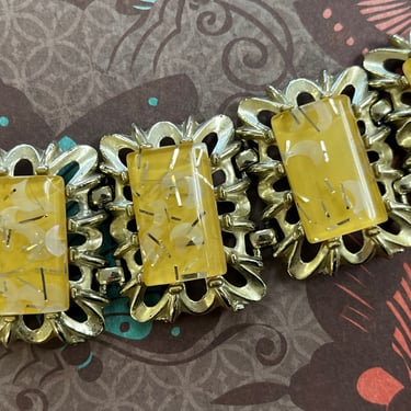 vintage confetti bracelet 1950s yellow foil lucite panel cuff 