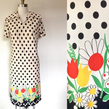 1960s Polka dot and floral shift dress 